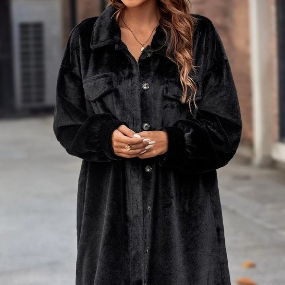 Fluffy Button Down long shacket Coat Black - Picture 3 of 4